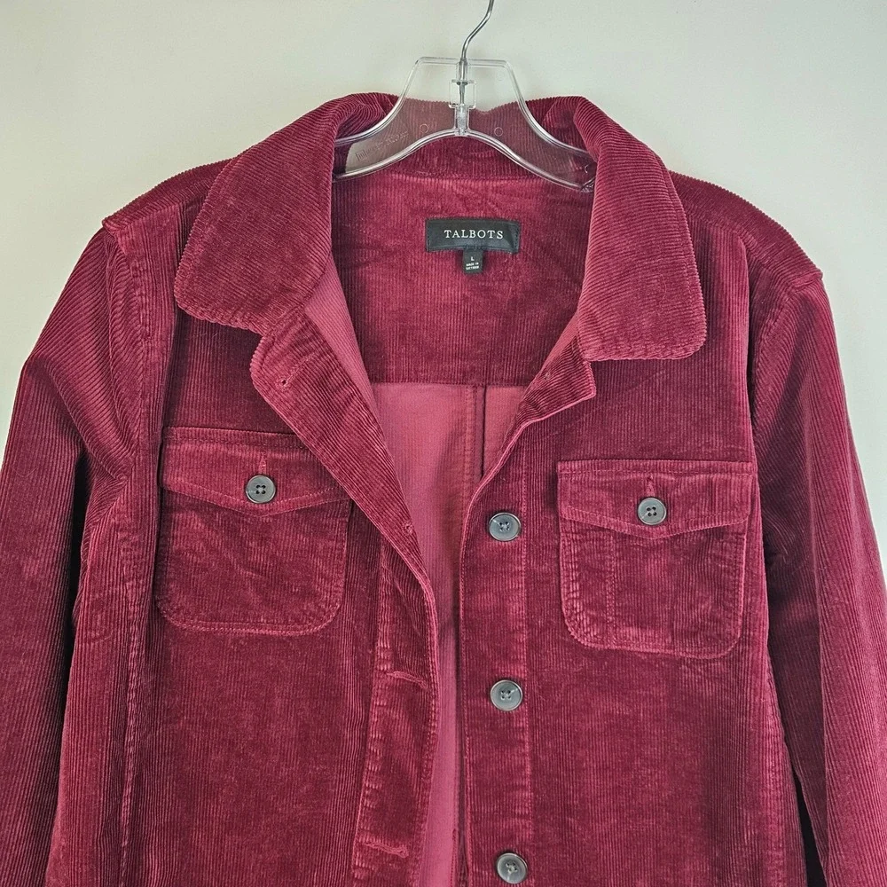 Talbots Corduroy Jacket Womens L Wine Maroon Button Front Classic Casual Trucker